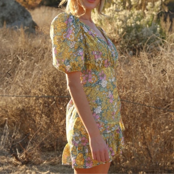 RAHI The Petra Dress Puff Sleeve Ruched Fauxed Wrap Ruffle Floral Cotton Large - Picture 6 of 16